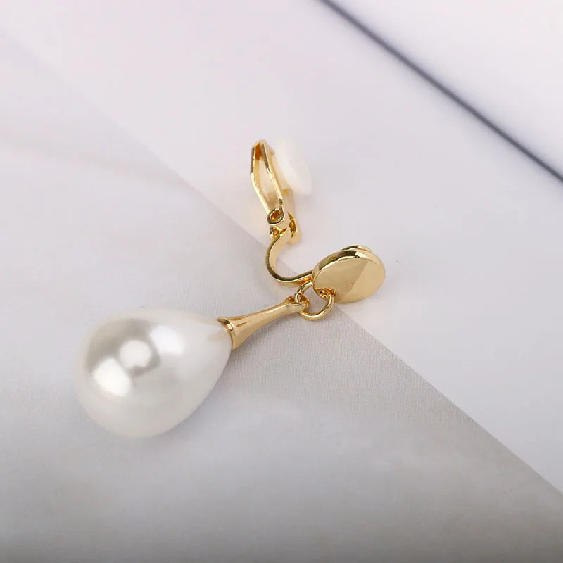 Pendientes Clip Elegantes con Gota y Perla Simulada, Sin Agujero para Mujer