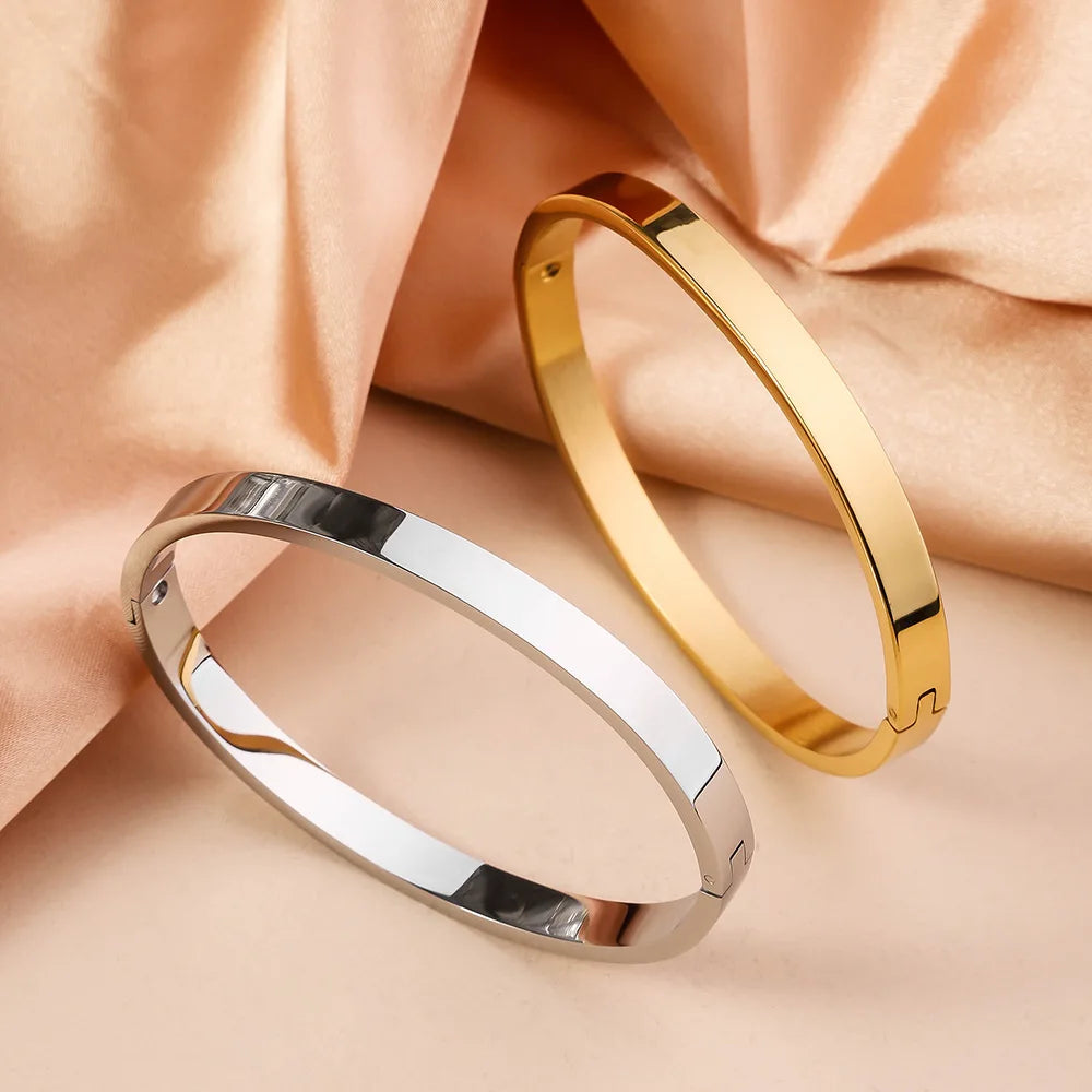 Pulsera Abierta Acero Inoxidable Ancha Brillante Mujer