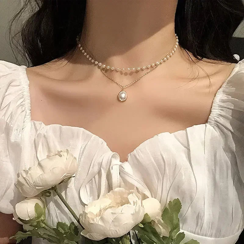 Collar doble capa con perlas y cuentas doradas estilo Kpop para mujer 2025
