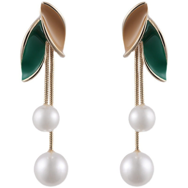 Pendientes Elegantes con Perlas y Borlas Hoja Mujer Moda 2023