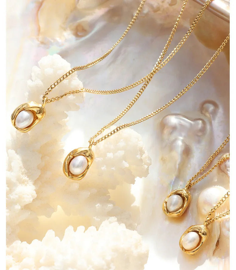 Collar cubano de acero inoxidable con colgante de perlas para mujer