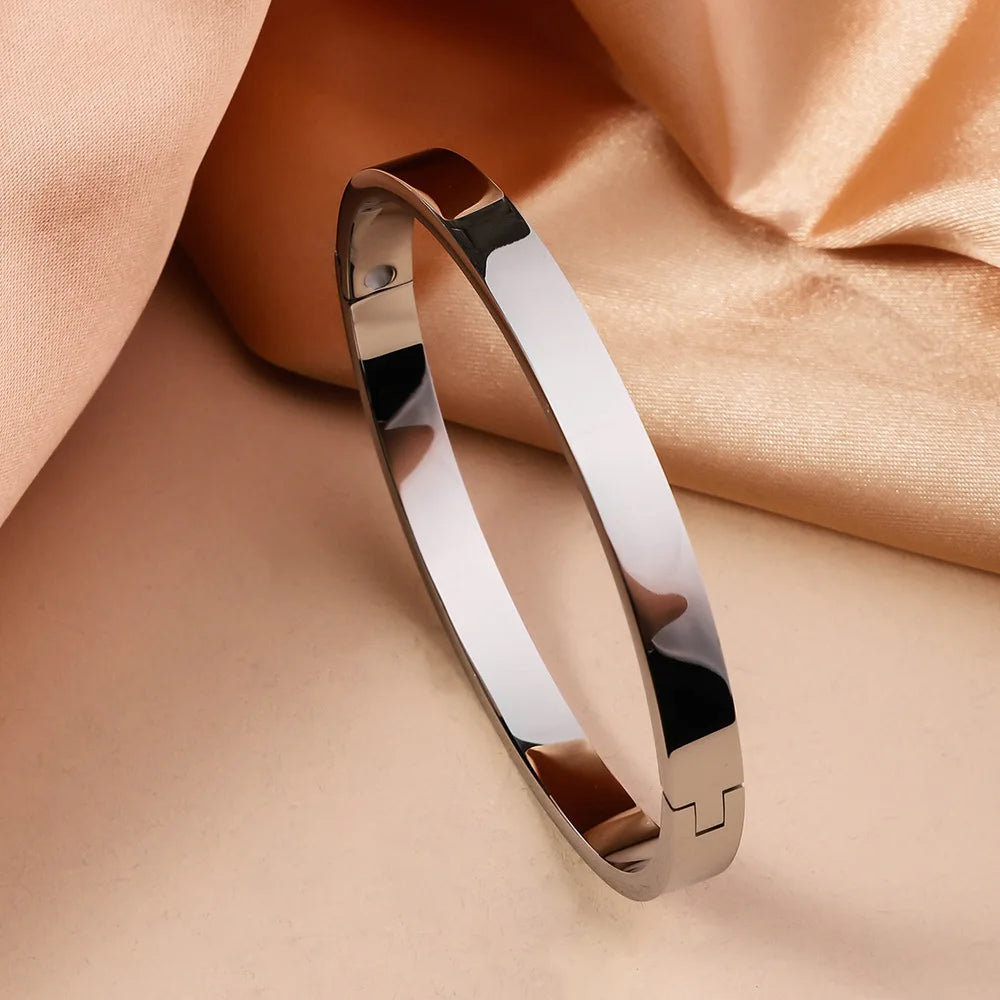 Pulsera Abierta Acero Inoxidable Ancha Brillante Mujer