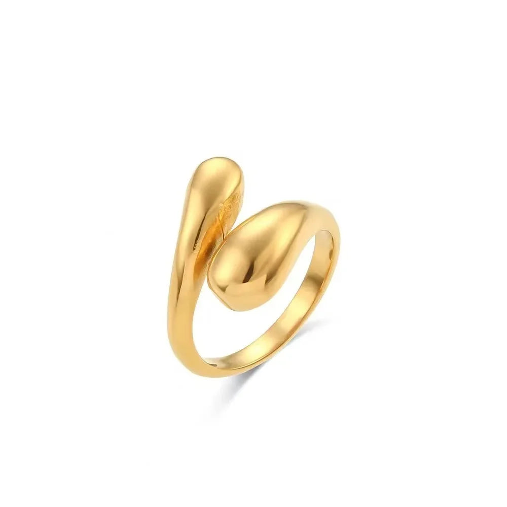 Anillo abierto de acero inoxidable dorado con doble bola geométrica