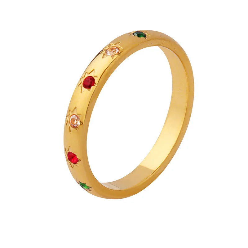 Anillo arcoíris de acero inoxidable con circonitas cúbicas chapado en oro