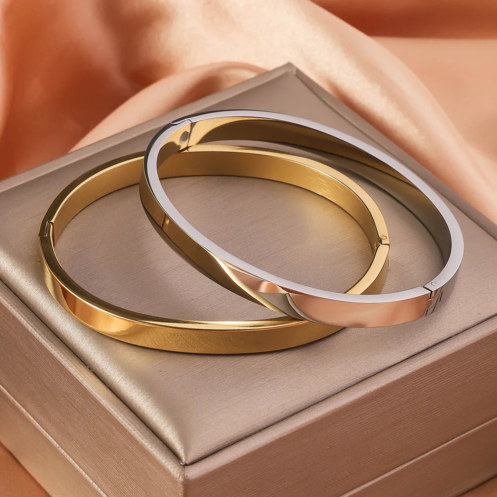 Pulsera Abierta Acero Inoxidable Ancha Brillante Mujer