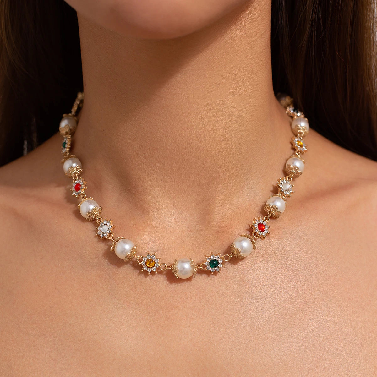 Collar gargantilla SHIXIN con perlas y diamantes de imitación para mujer