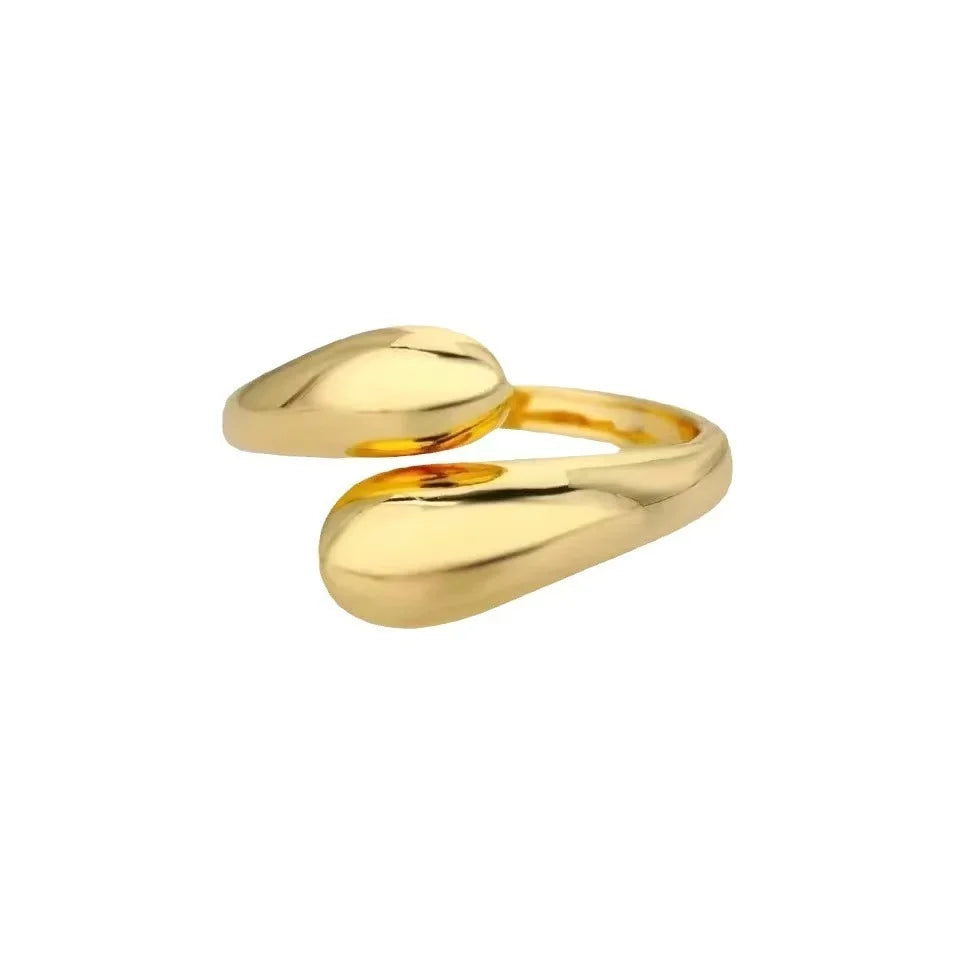 Anillo abierto de acero inoxidable dorado con doble bola geométrica