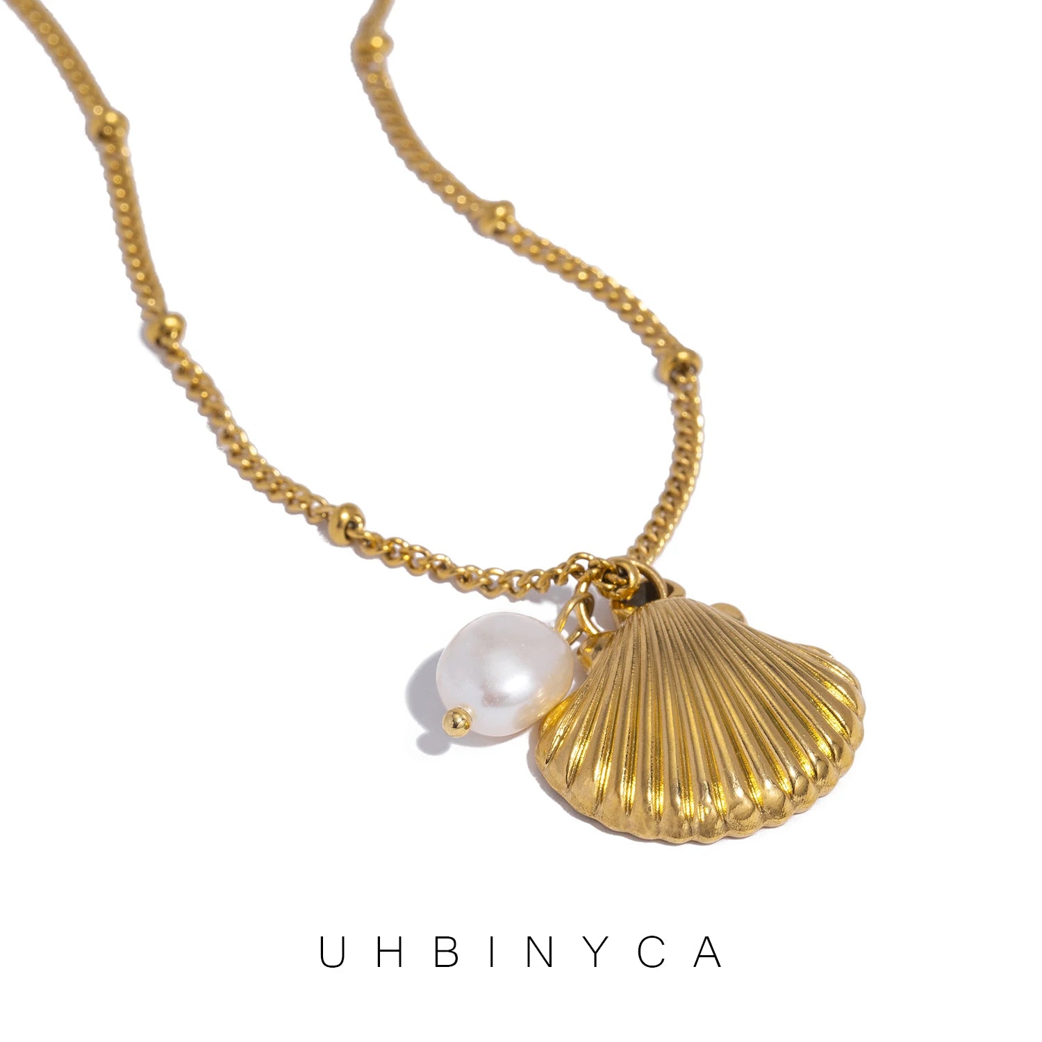 Collar Acero Inoxidable Chapado Oro 18K con Concha y Perla