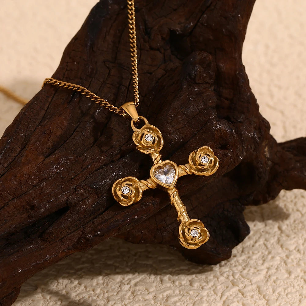 Juego de collar y pendientes E.B.belle rosa cruz con circonitas y baño oro 18K