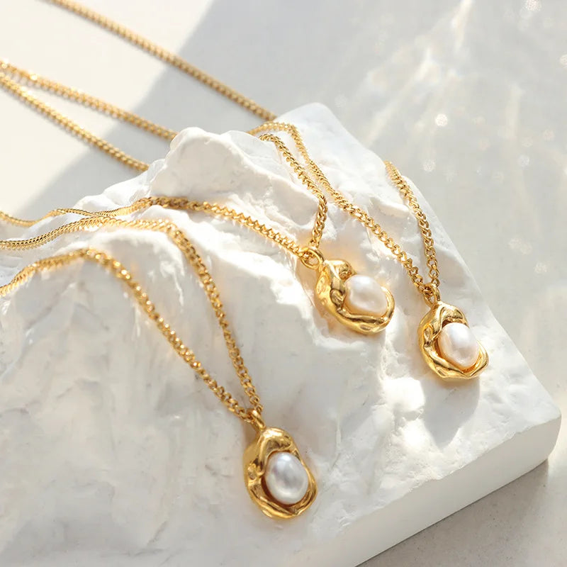Collar cubano de acero inoxidable con colgante de perlas para mujer