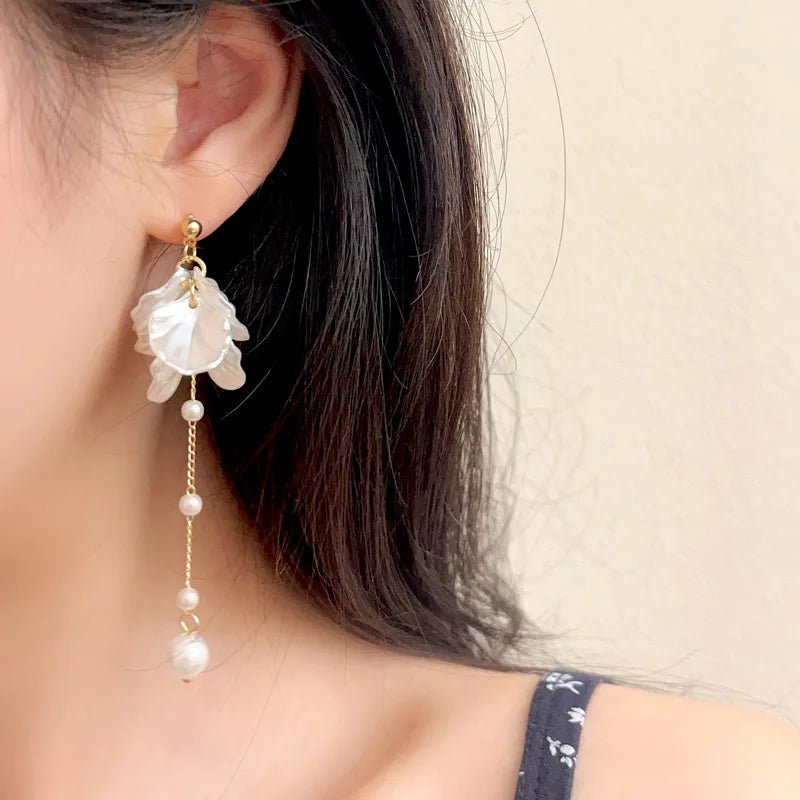 Pendientes con perla simulada y borla elegante en plata 925 para mujer