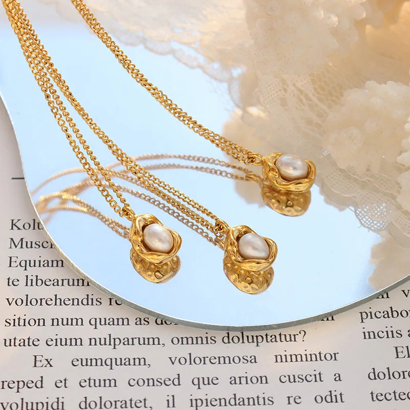 Collar cubano de acero inoxidable con colgante de perlas para mujer